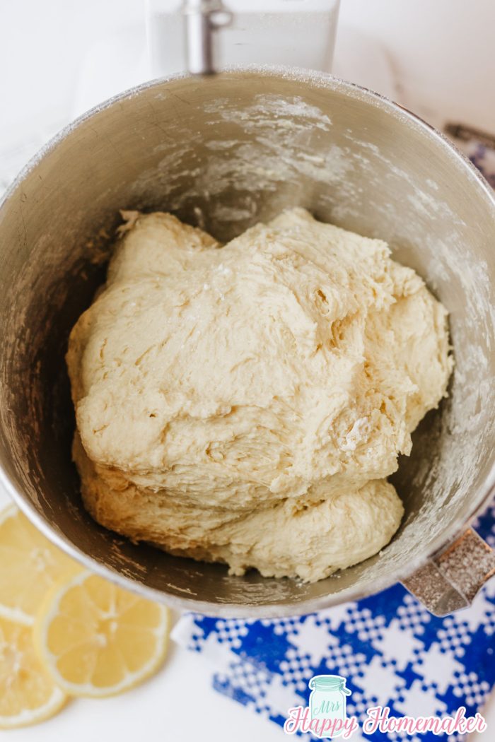 dough for the lemon rolls in a mixing bowl