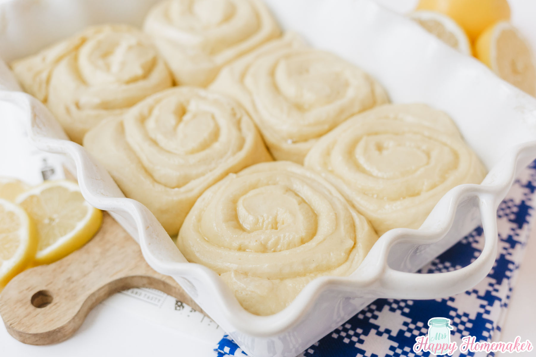 Lemon Rolls unbaked in a rectangle baking dish
