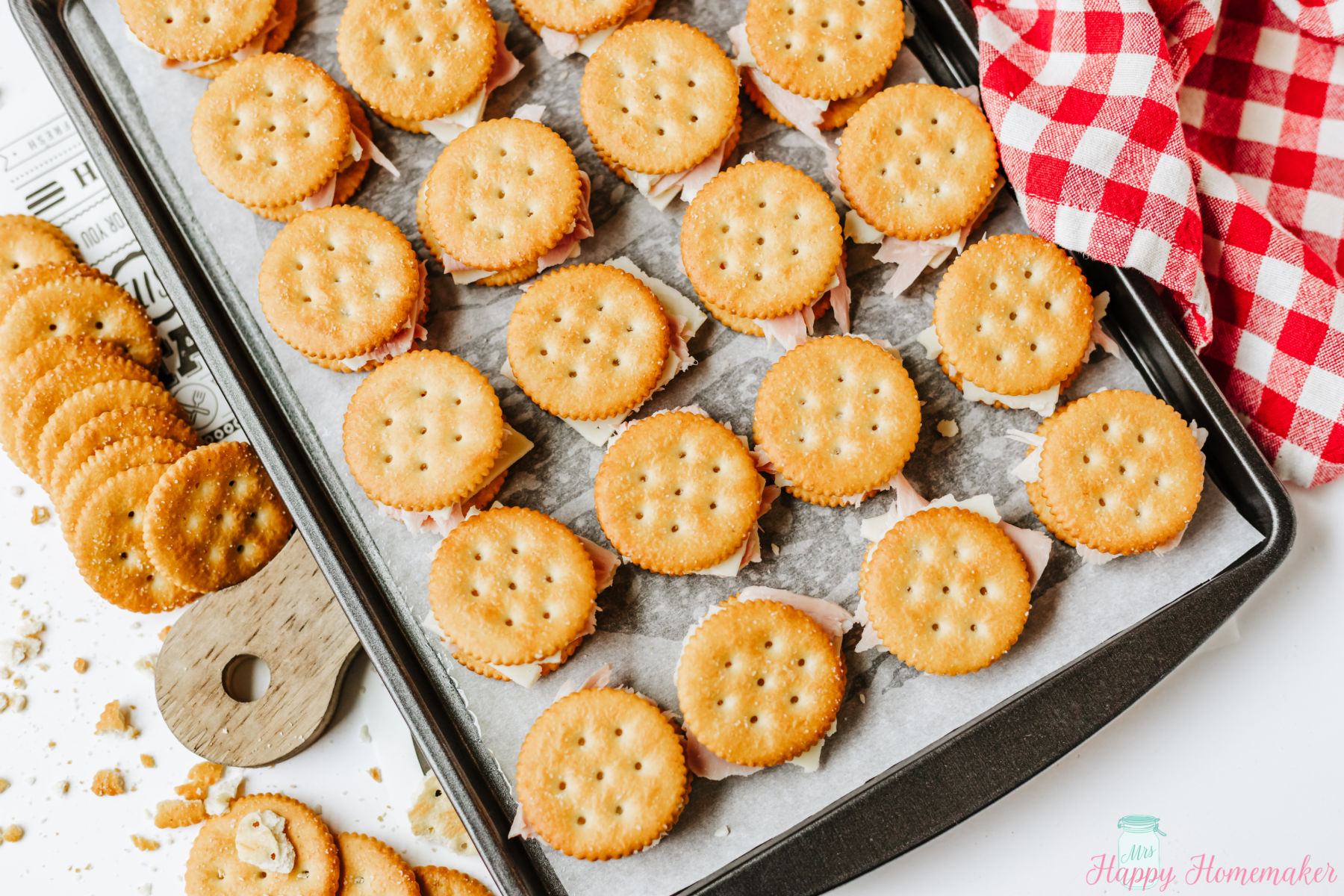 Ritz Cracker Party Sandwiches on a baking sheet