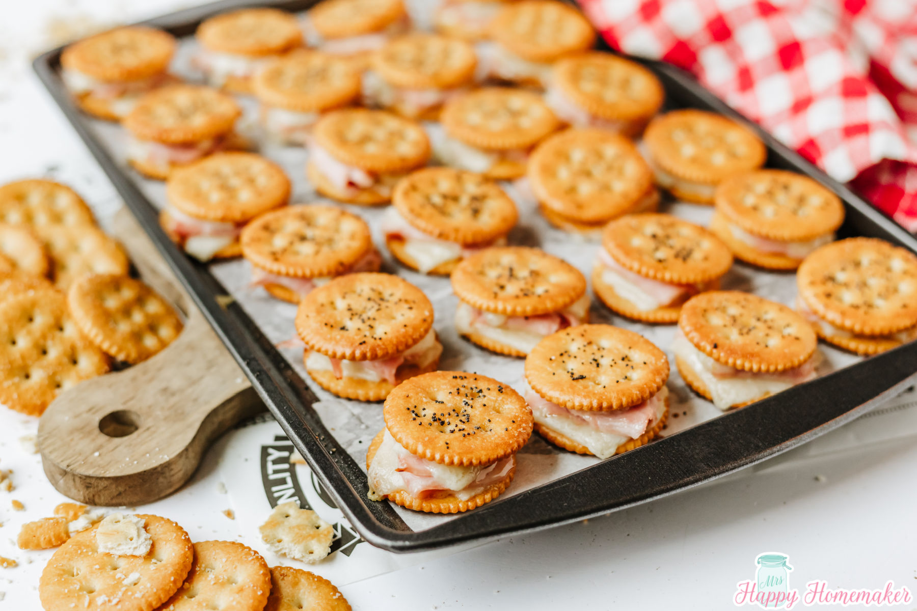 Ritz Cracker Party Sandwiches on a baking sheet