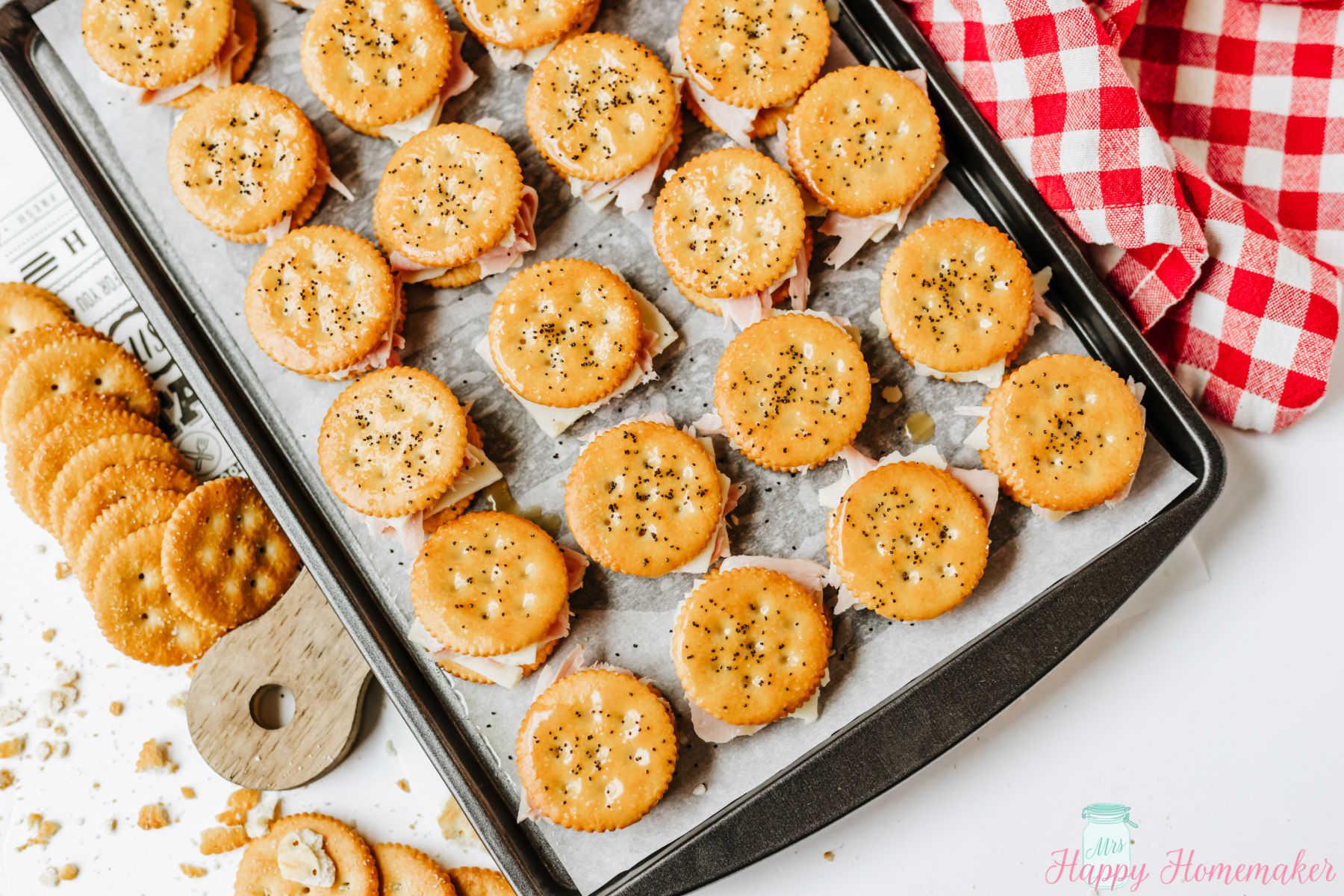 Ritz Cracker Party Sandwiches on a baking sheet