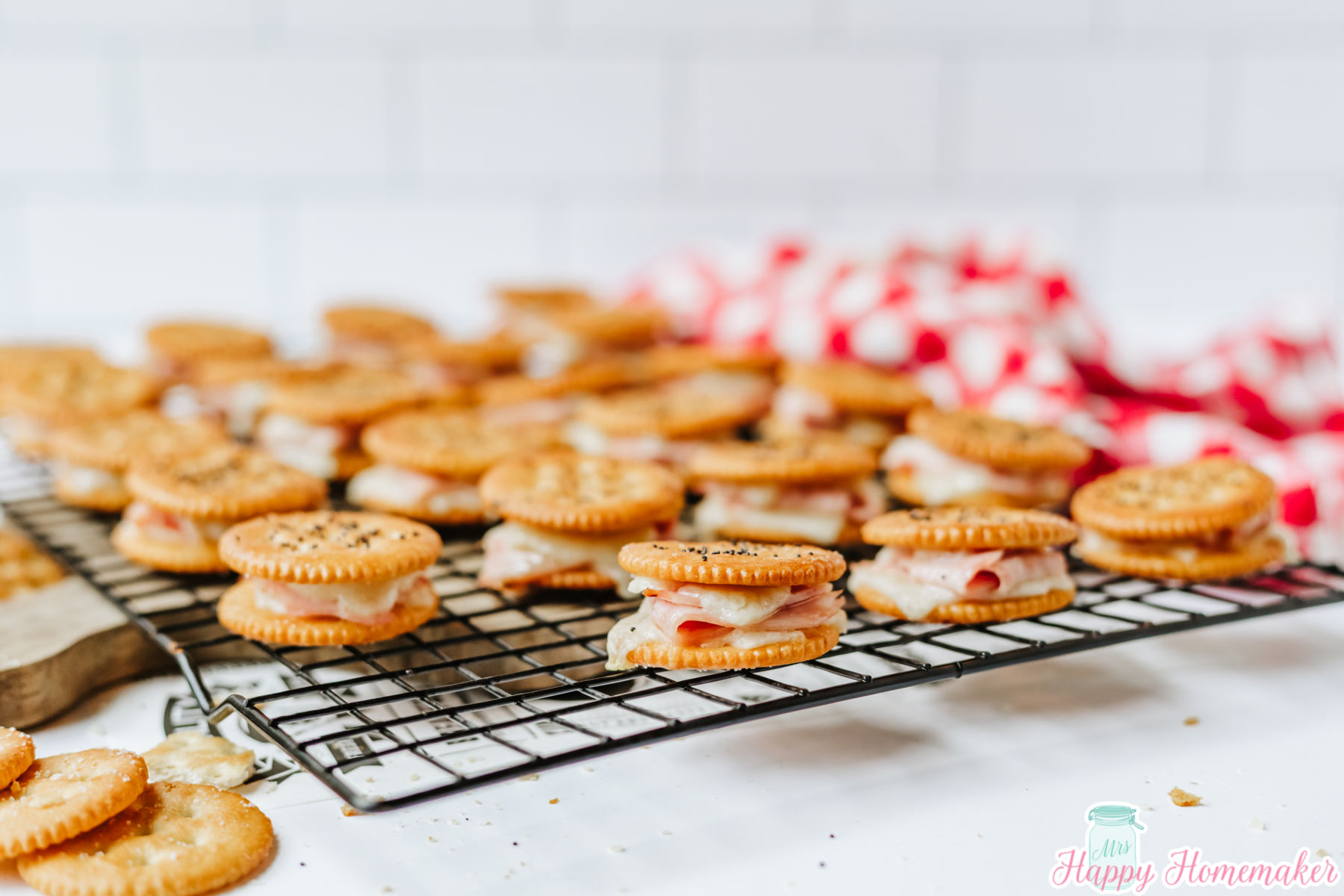 Ritz Cracker Party Sandwiches on a cooling rack
