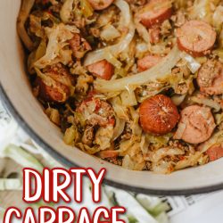 Southern Dirty Cabbage with ground beef & smoked sausage in a round dutch oven
