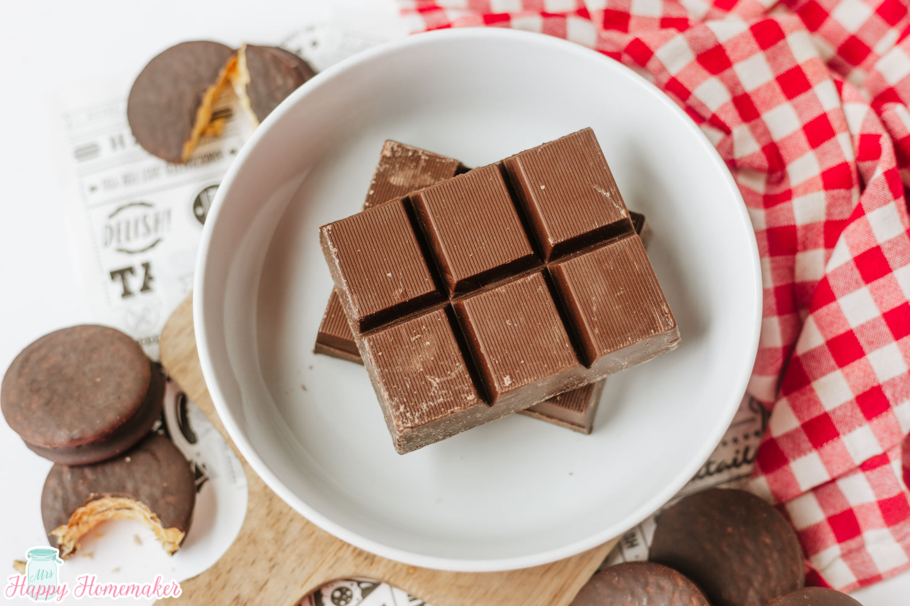 chocolate almond bark in a white bowl