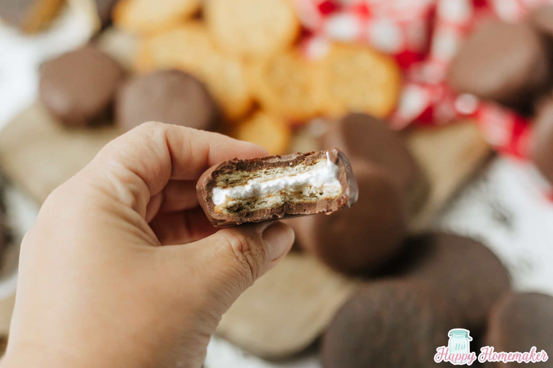 homemade 3 ingredient Moon Pie with a bite taken out of it