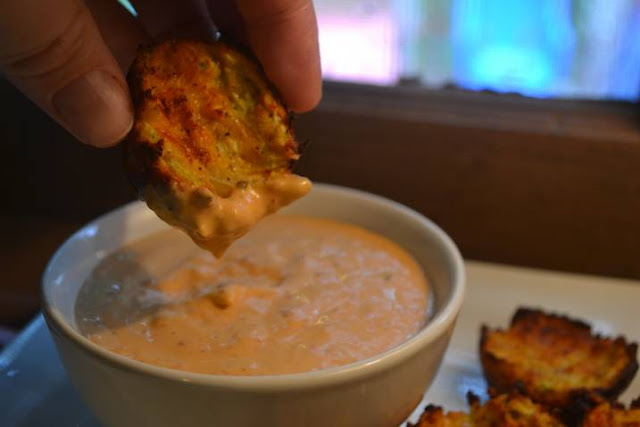 Zucchini Tots - like tater tots but no potatoes are used, just zucchini. Served with chipotle ranch sauce to dip in 