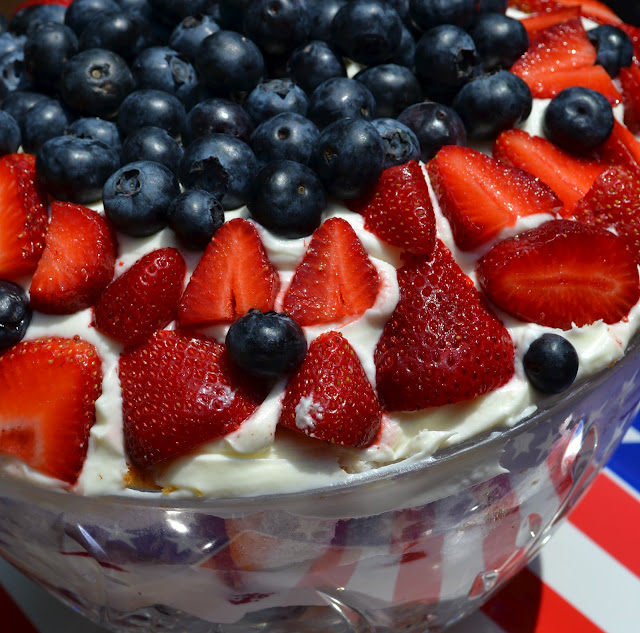 triple berry trifle with blueberries and strawberries