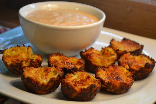Zucchini Tots - like tater tots but no potatoes are used, just zucchini. Served next to a bowl of chipotle ranch sauce to dip in 