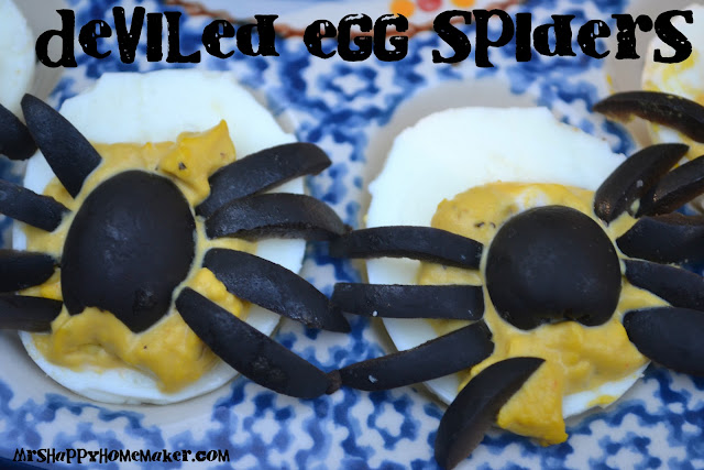Deviled Egg Spiders on an egg plate