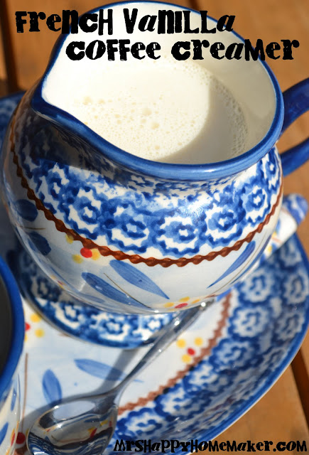 Homemade French Vanilla Coffee Creamer in a mini blue pitcher