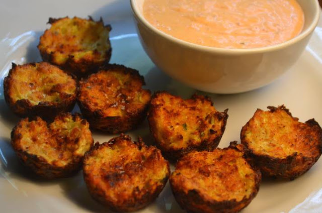 Zucchini Tots - like tater tots but no potatoes are used, just zucchini. Served next to a bowl of chipotle ranch sauce to dip in 