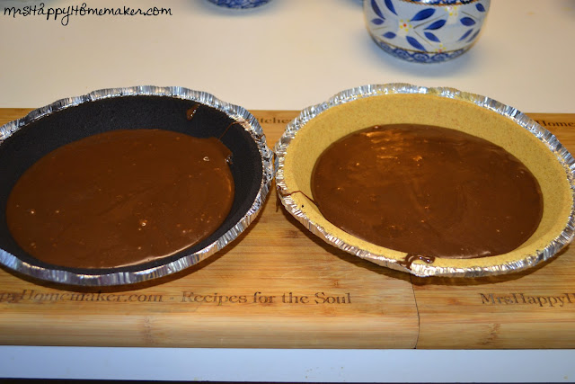 Chocolate fudge in the bottom of two premade pie crusts 