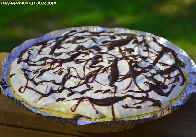 No bake peanut butter pie drizzled with fudge sauce